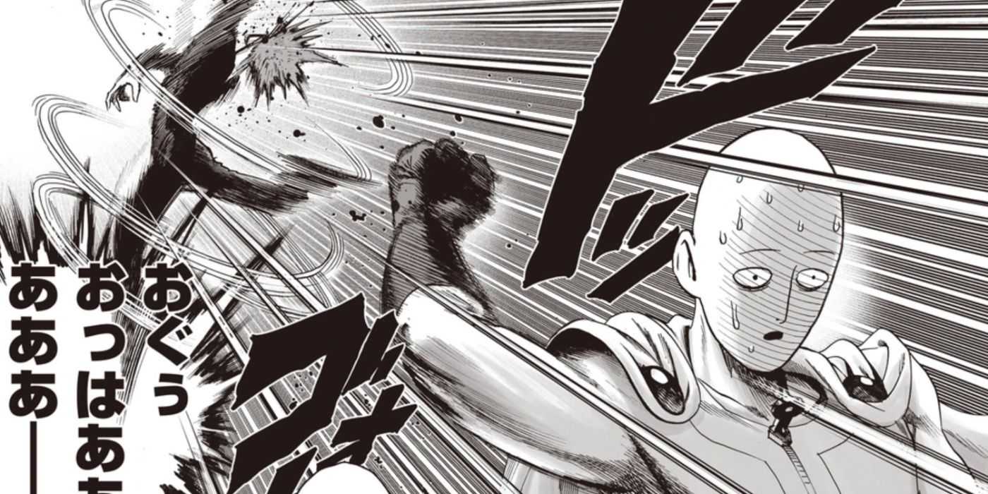 Saitama backhanding Garou preč v manga One-Punch Man.