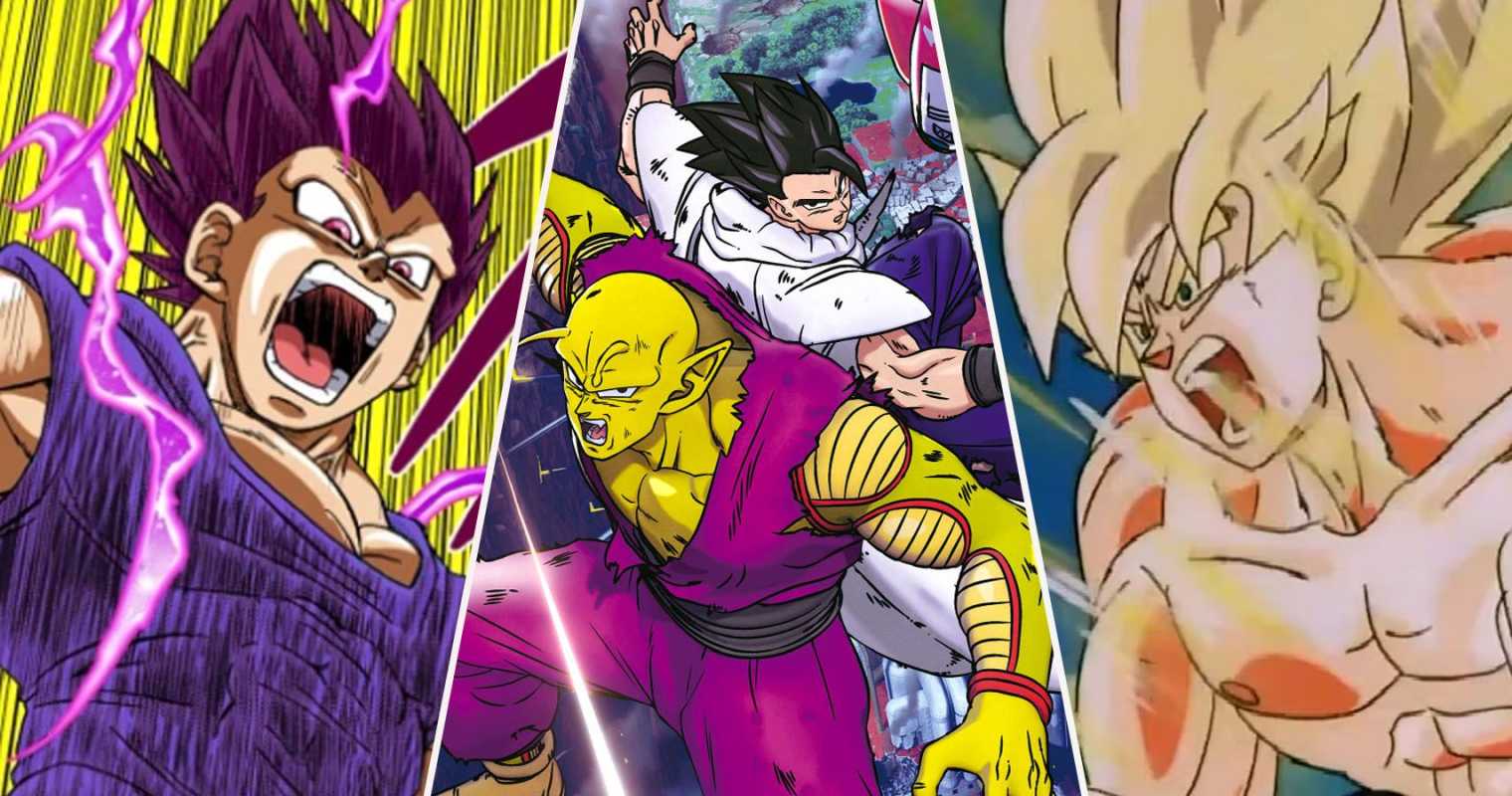 3-cestné rozdelenie Ultra Ego Vegeta a Super Saiyan Goku kričiacich na Gohana a Piccolo z Dragon Ball Super Super Hero