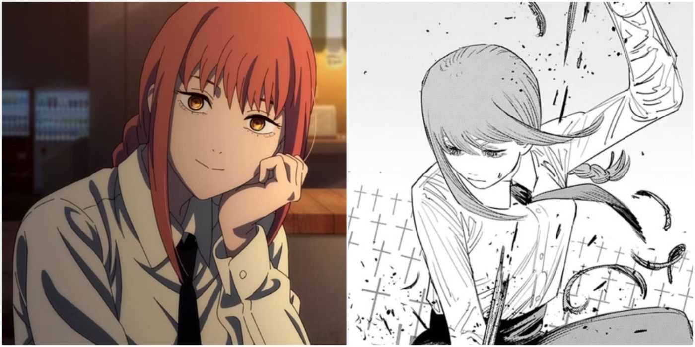 Ein geteiltes Panel zeigt Makima im Anime und Manga.