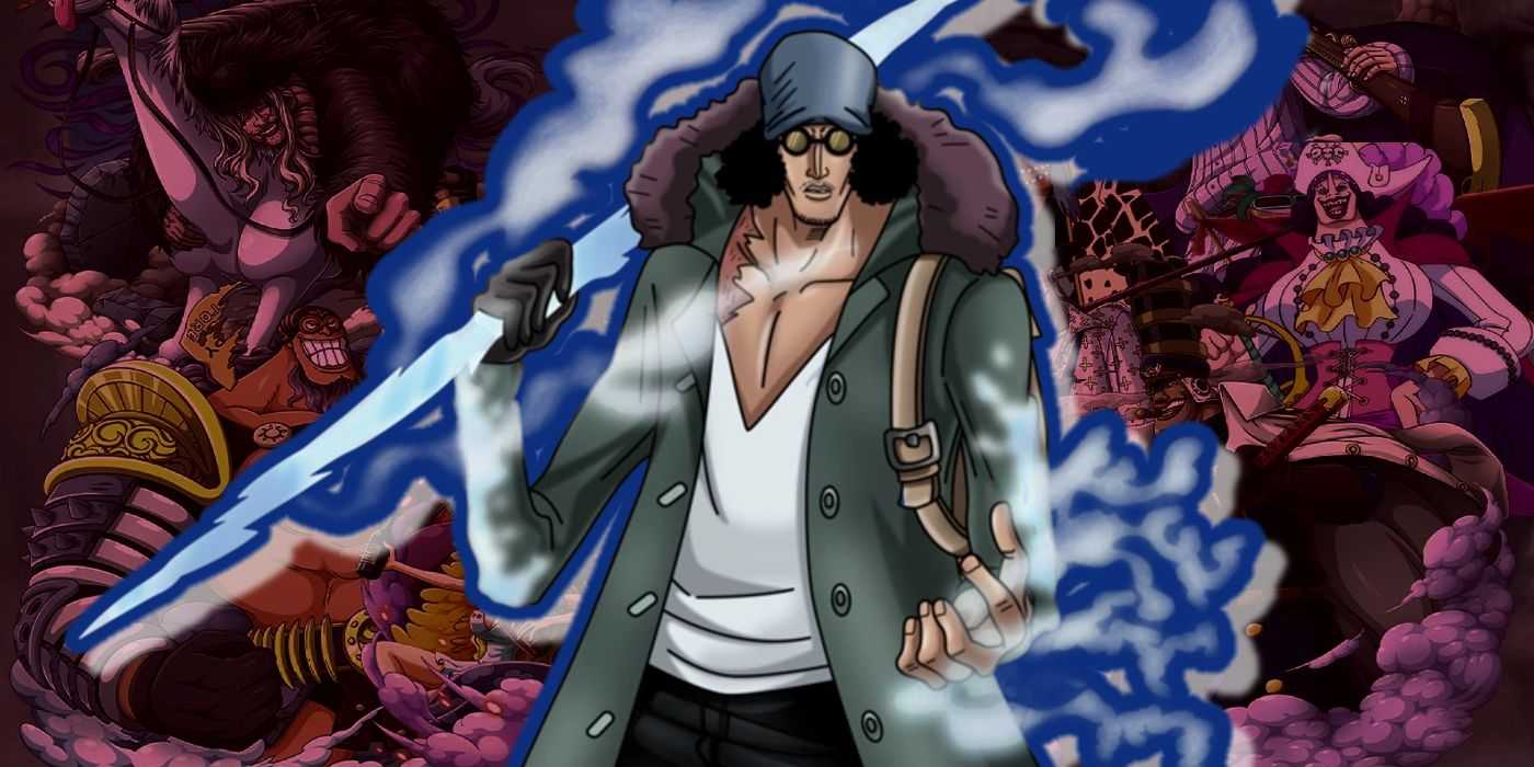 Kuzan (alias Aokiji) steht vor einer roten, gedämpften Charaktercollage und hält einen Blitzspeer in der Hand