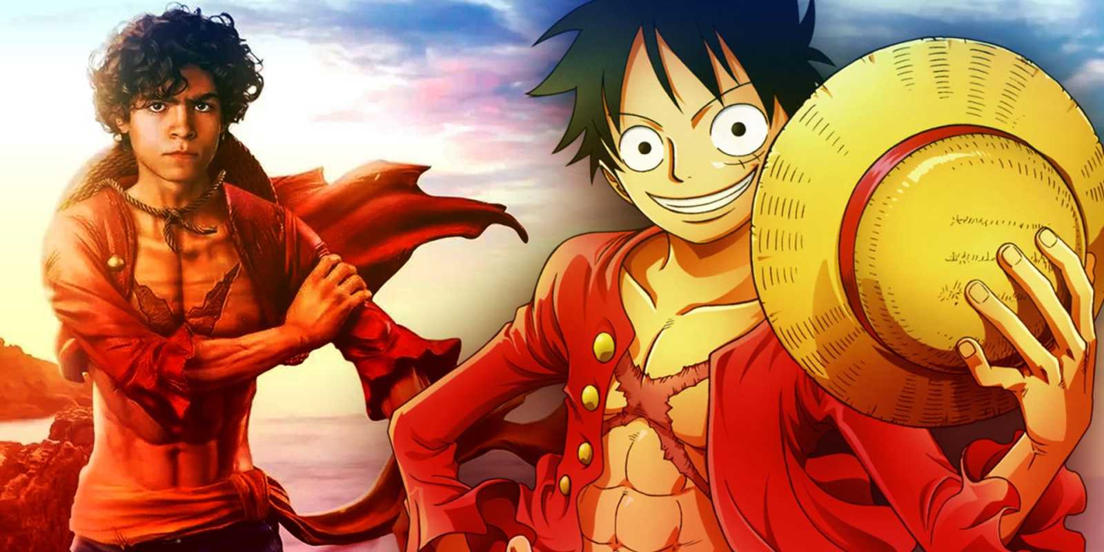Iñaki Godoy como Monkey D. Luffy en el programa de acción real de Netflix One Piece, y Monkey D. Luffy como se ve en el anime One Piece