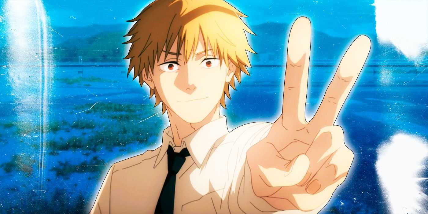 Denji hace el signo de la paz en Chainsaw Man.