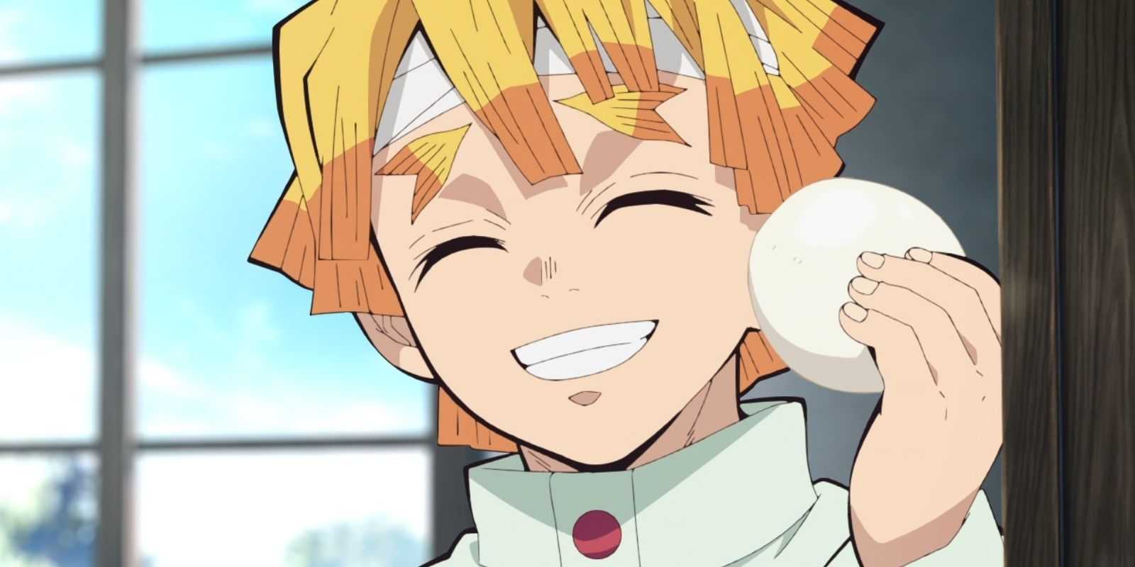 Zenitsu Agatsuma with a snack in Demon Slayer.