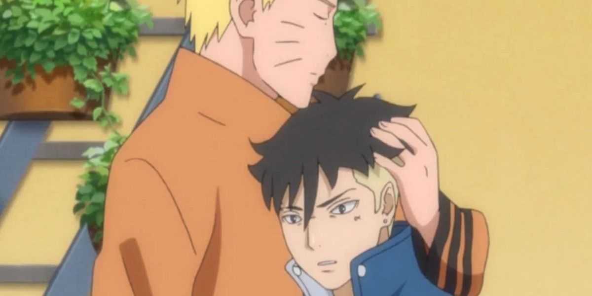 Naruto umarmt einen fassungslosen Kawaki in Boruto