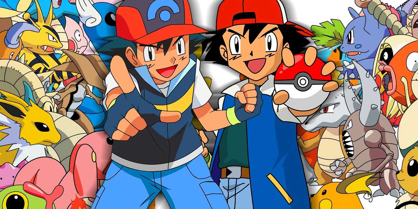 たくさんのポケモンに囲まれたアニメのサトシの 2 つのバージョン。
