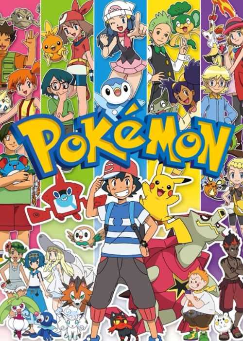 ポケモンアニメのキャラクター全員の前でポーズをとるサトシとピカチュウ
