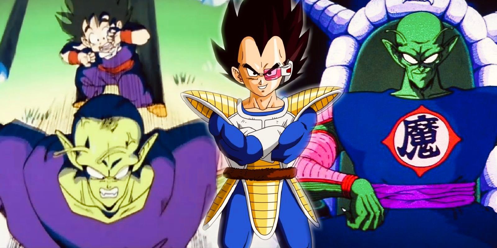 Vegeta con su armadura Saiyan frente a Piccolo como rey demonio y héroe salvando a Gohan.