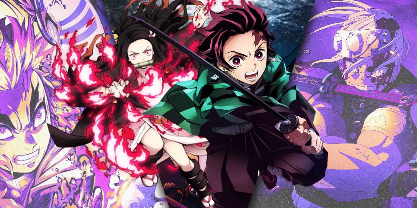 中央に戦闘ポーズをとる炭治郎と禰豆子をフィーチャーしたデーモン スレイヤーのアニメ コラージュ
