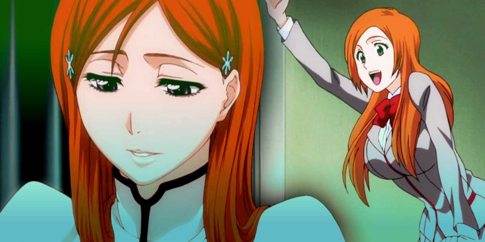 左:BLEACHで見下ろす井上織姫。右:笑顔で手を振る織姫。