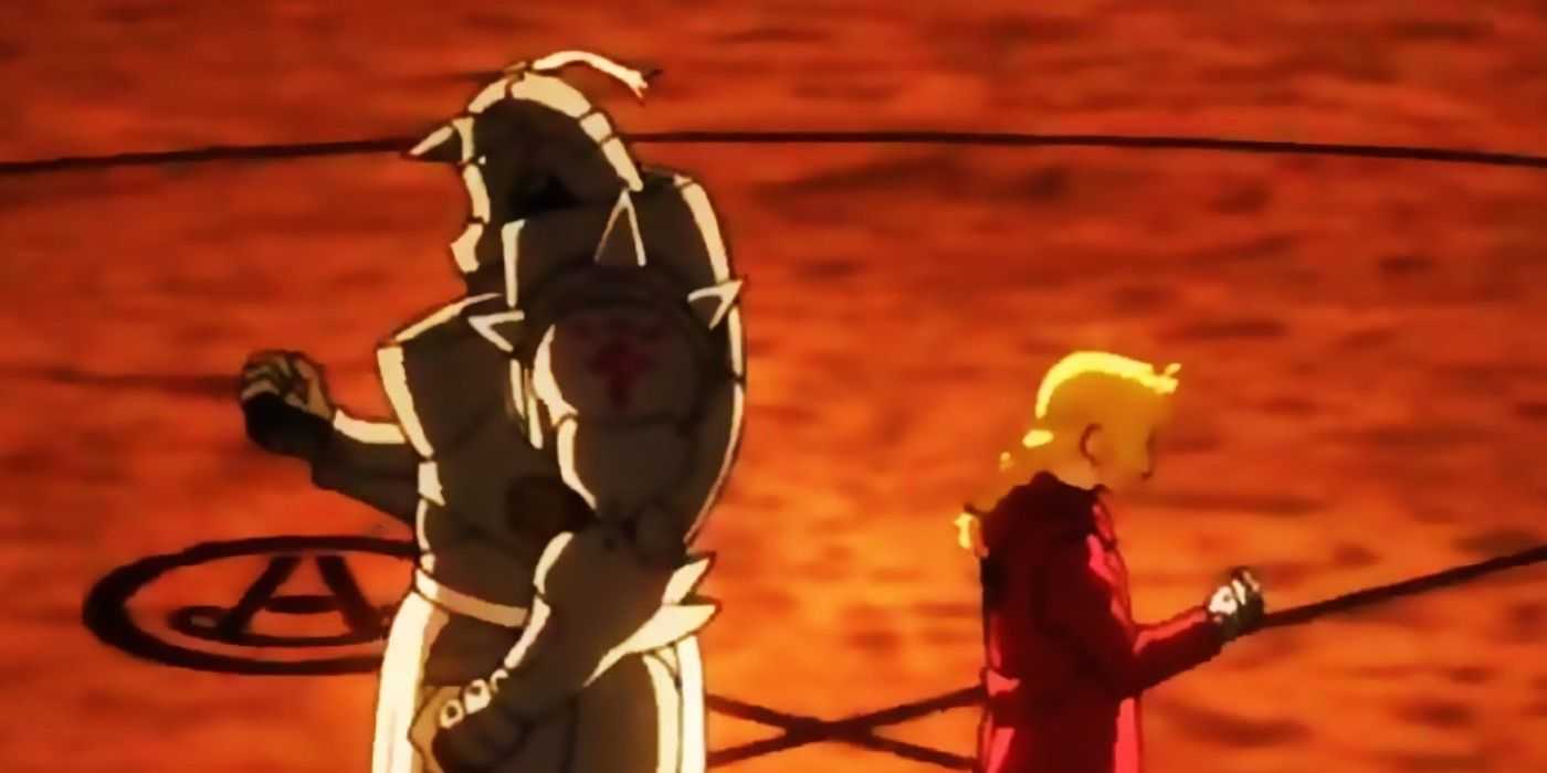 Alphonse und Edward Elric stehen Rücken an Rücken in einem Transmutationskreis in Fullmetal Alchemist: Brotherhood.