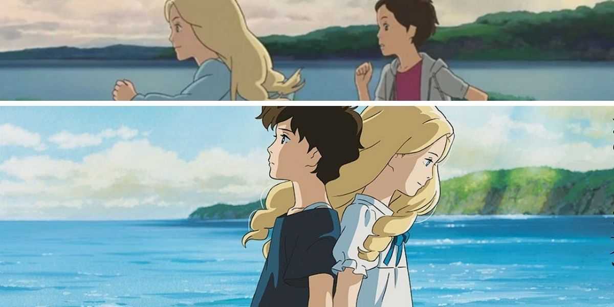 Auf den Bildern sind Anna Sasaki und Marnie am Strand aus „When Marnie Was There“ zu sehen