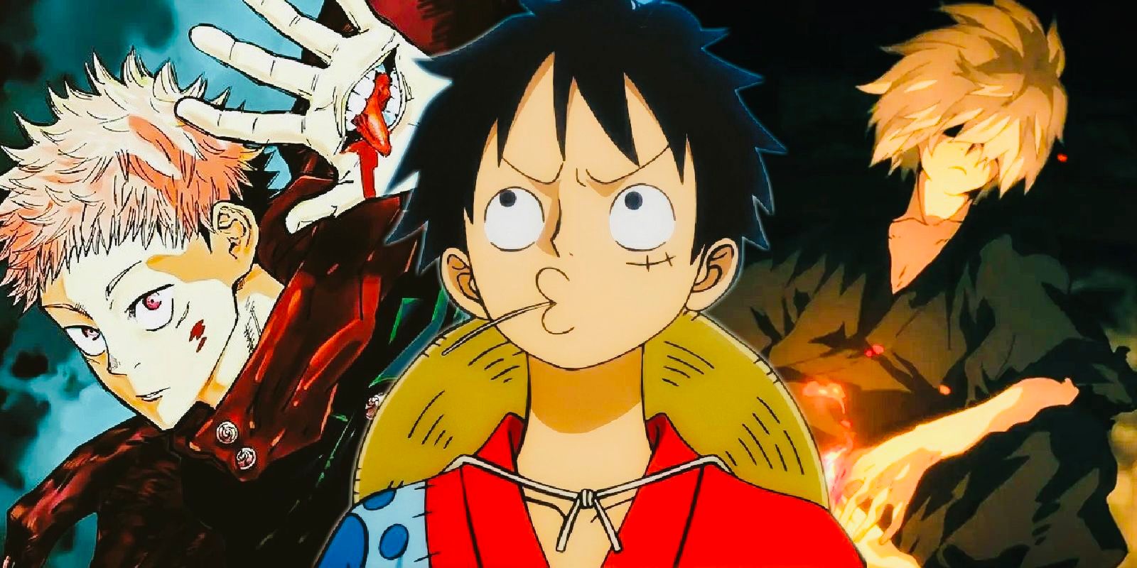 Yuji de jujutsu Kaisen y Gabimaru del paraíso del infierno detrás de Luffy de one piece