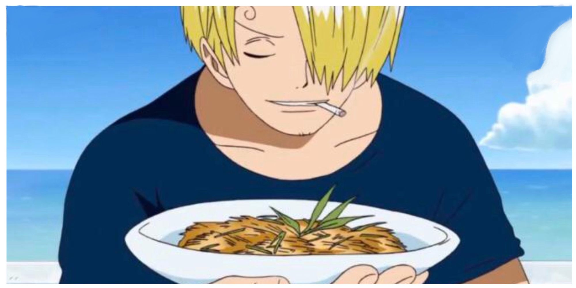 サンジは食べる準備ができた食べ物のボウルを見る