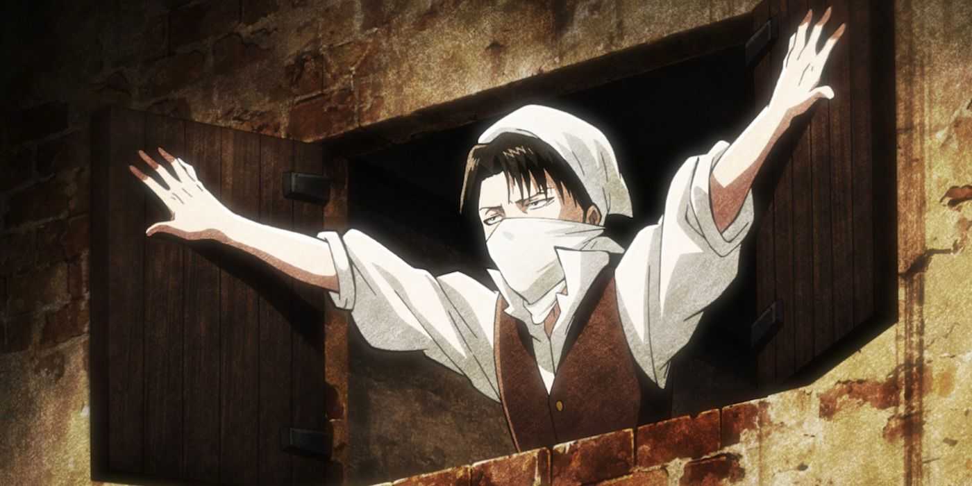 Levi con traje de limpieza abriendo una ventana en Attack On Titan.