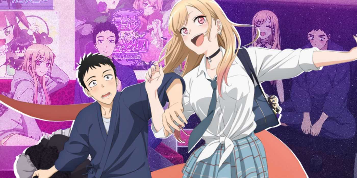 Marin und Gojo laufen über Standbilder aus dem Anime „My Dress Up Darling“.