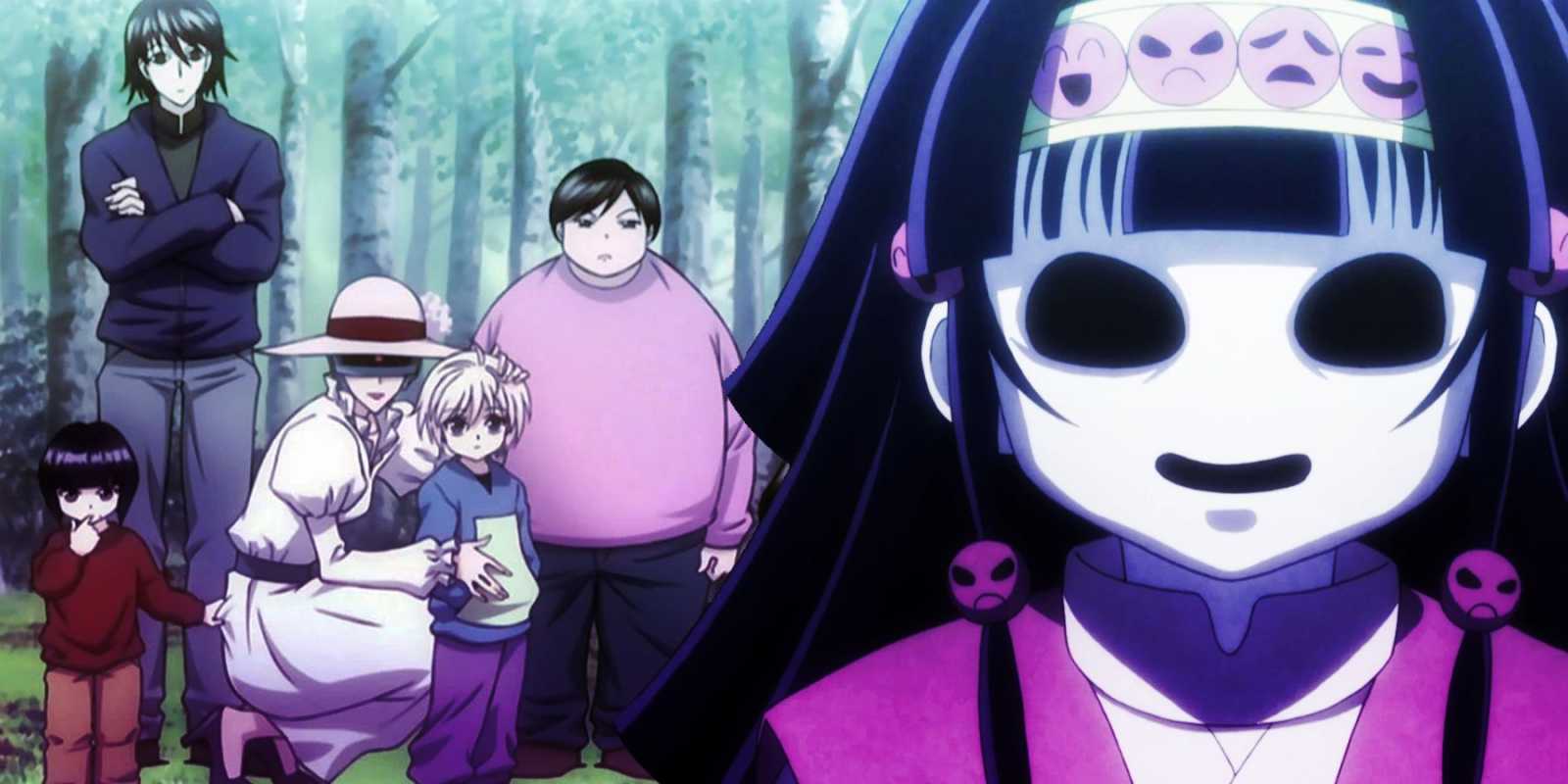 Rodina Zoldyckovcov pózuje pre obrázok a Alluka Zoldyck z anime Hunter X Hunter