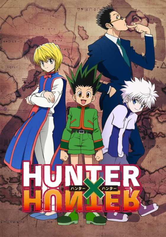 Gon, Killua, Kurapika a Leorio pózujú na plagáte televíznej šou Hunter x Hunter