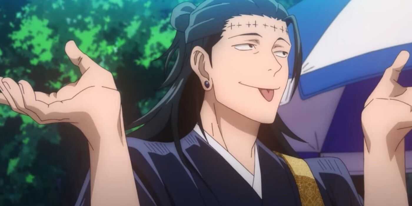Kenjaku encogiéndose de hombros juguetonamente y sacando la lengua en el anime Jujutsu Kaisen