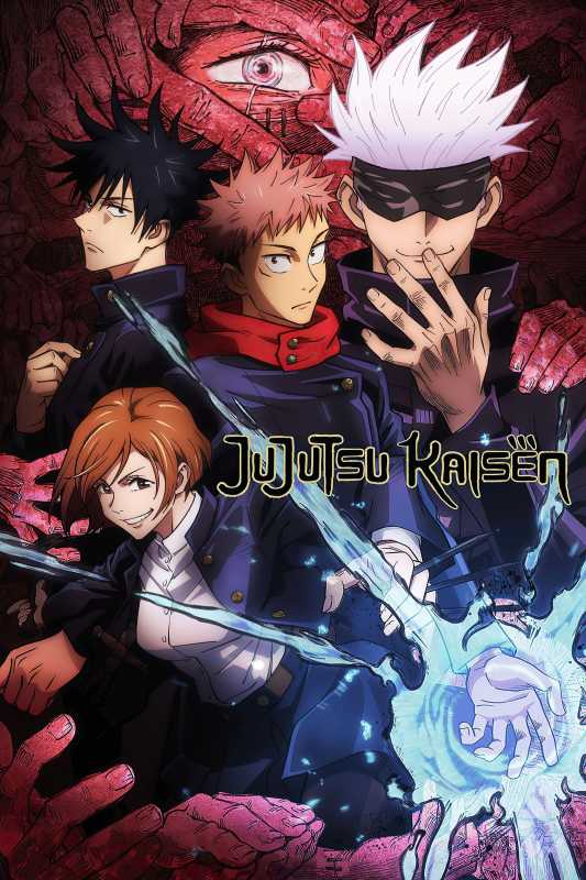 El elenco posa juntos en el póster del anime Jujutsu Kaisen