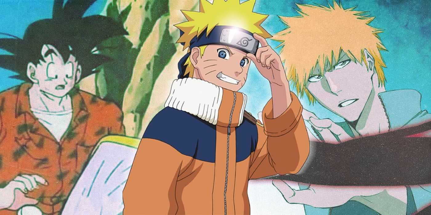 ドラゴンボールの悟空、タイトルのナルト、ブリーチのイチゴのコラージュ。