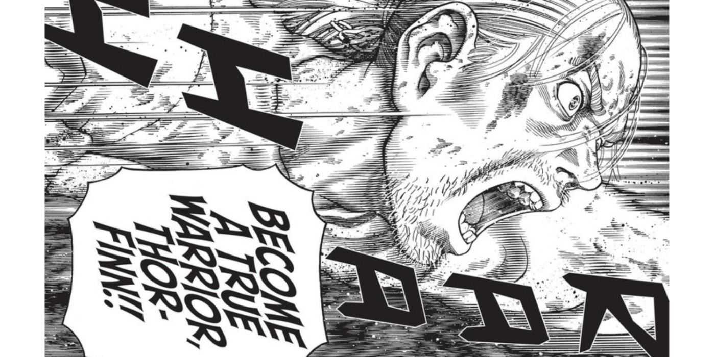 Thorfinn reve, keď ho Askeladd motivuje, aby sa odplazil z Valhally.