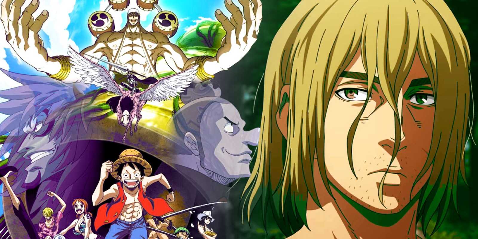 Luffy a postavy z One Piece Skypiea Arc a Thorfinn of Vinland Saga