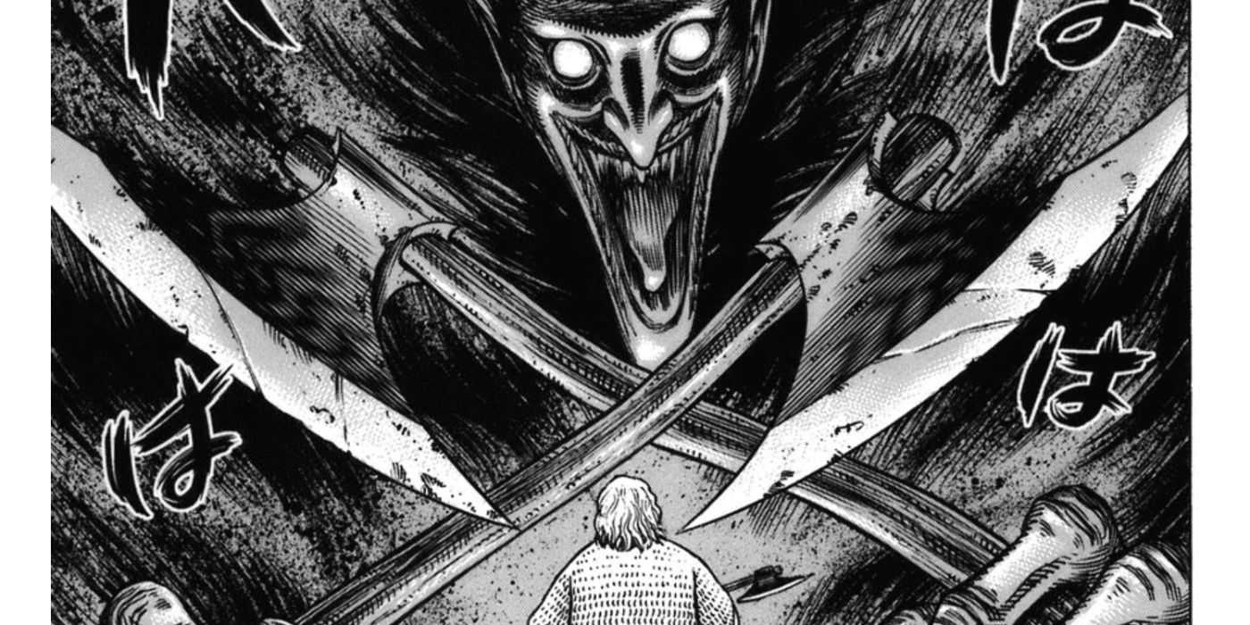 Masívny a démonicky vyzerajúci Thorkell ovládajúci sekery nad bezmocným Torgrimom.