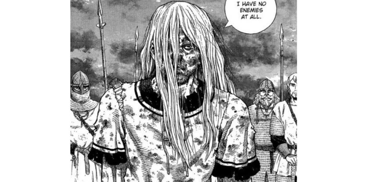 Ťažko zranený Thorfinn hovorí Canuteovi, že on a jeho armáda nie sú jeho nepriatelia.