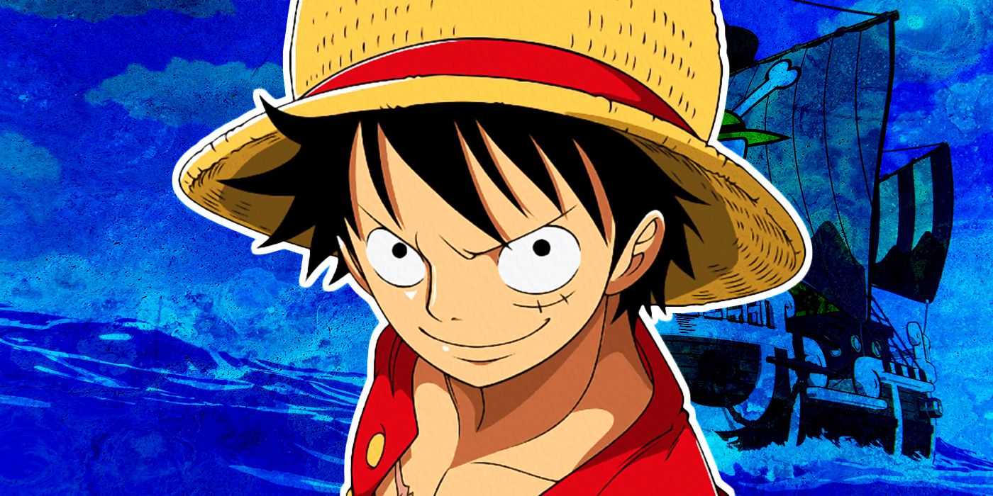 Luffy del anime One Piece con su barco al fondo y una sonrisa decidida