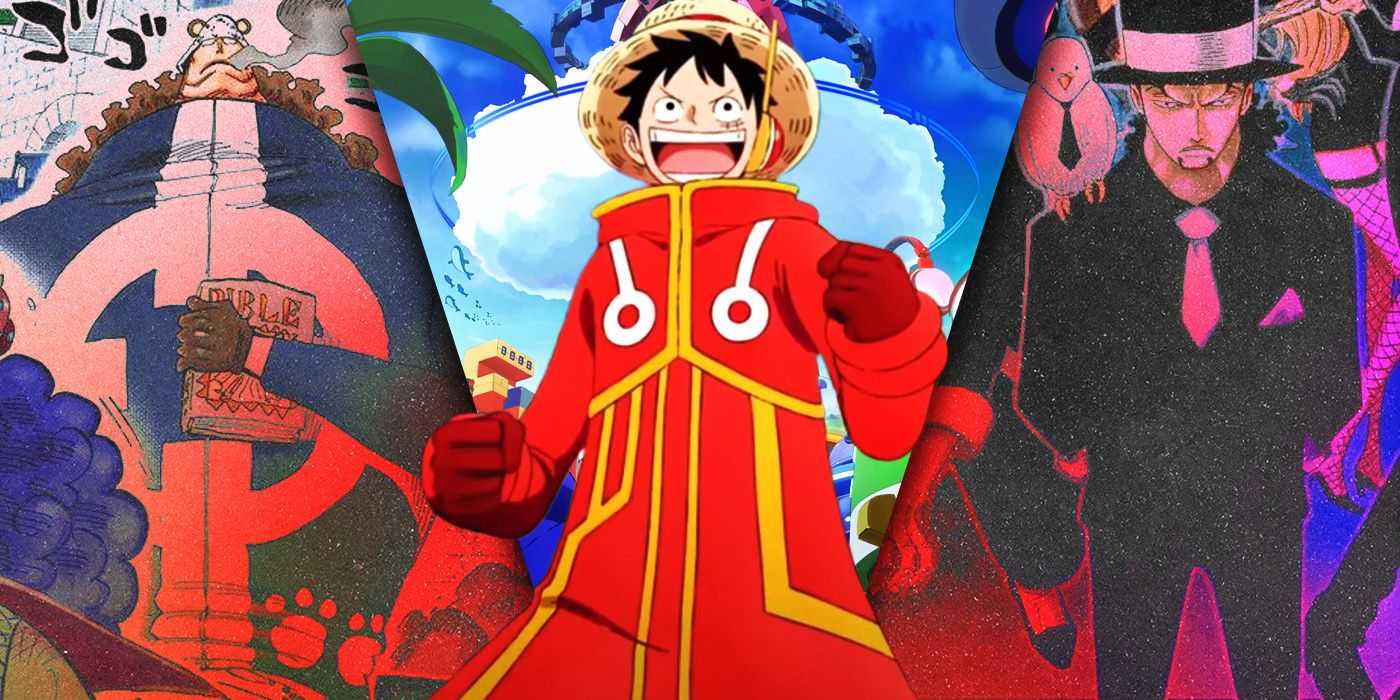 Imágenes divididas de Kuma, Luffy y Lucci One Piece