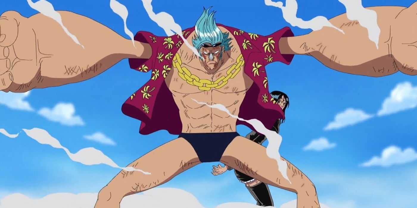 Franky protegiendo a Robin de un ataque en One Piece.