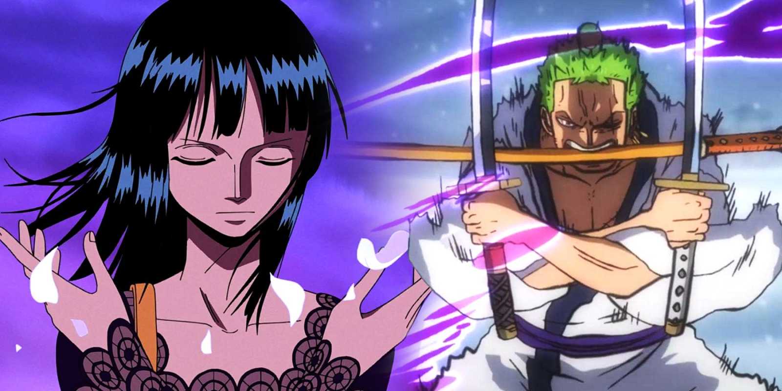 Un collage de los Piratas de Sombrero de Paja Nico Robin y Zoro del anime One Piece