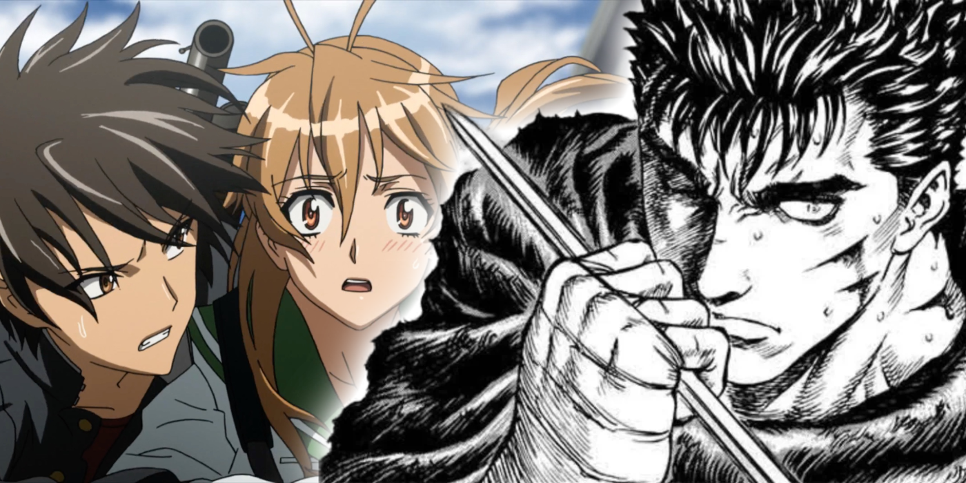 Ein geteiltes Bild von Eingeweiden aus Berserk und zwei Charakteren aus Highschool of the Dead