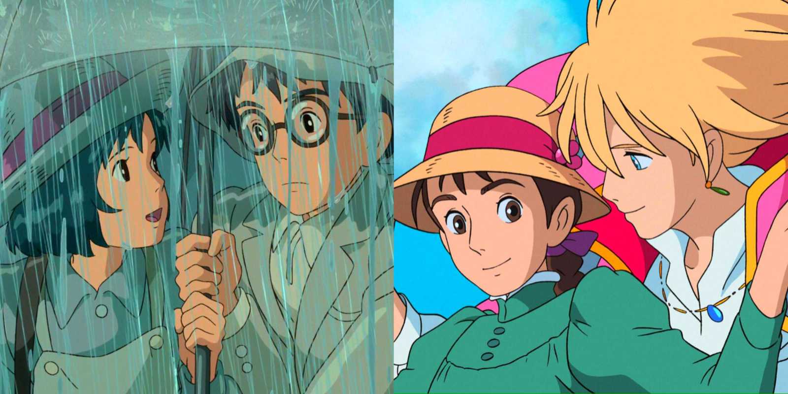 Rozdelený obraz Jro a Naoko v daždi vo filme The Wind Rises a Howl a Sophie vo filme Howl