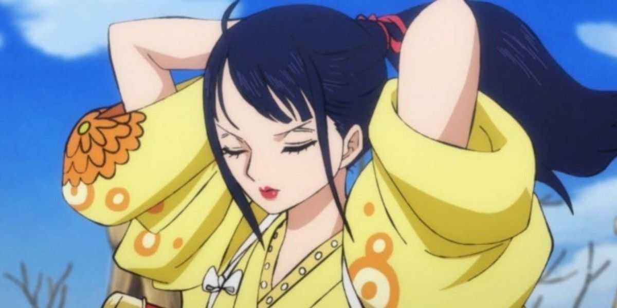 Dokuz Kırmızı Kın üyesi Kikunojo, One Piece sırasında saçlarını arkaya bağlıyor
