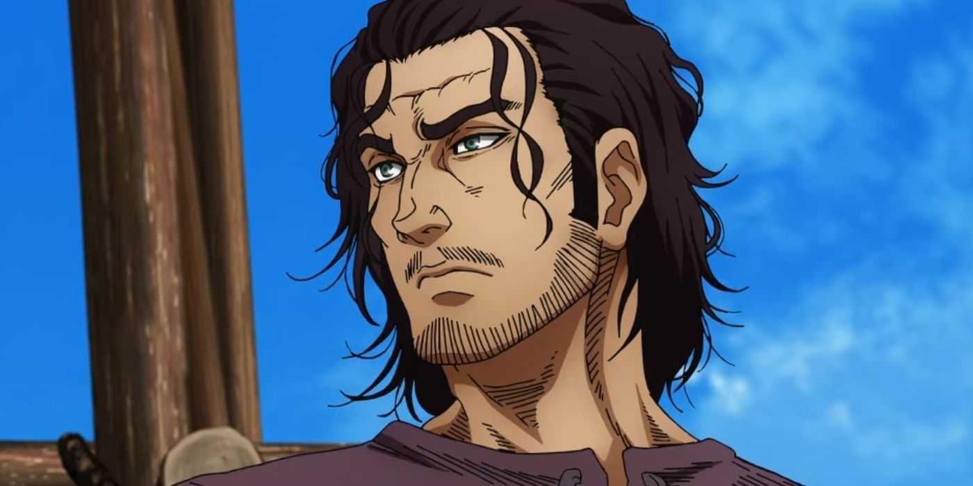 Anime Snake in the Vinland Saga hľadí do diaľky.