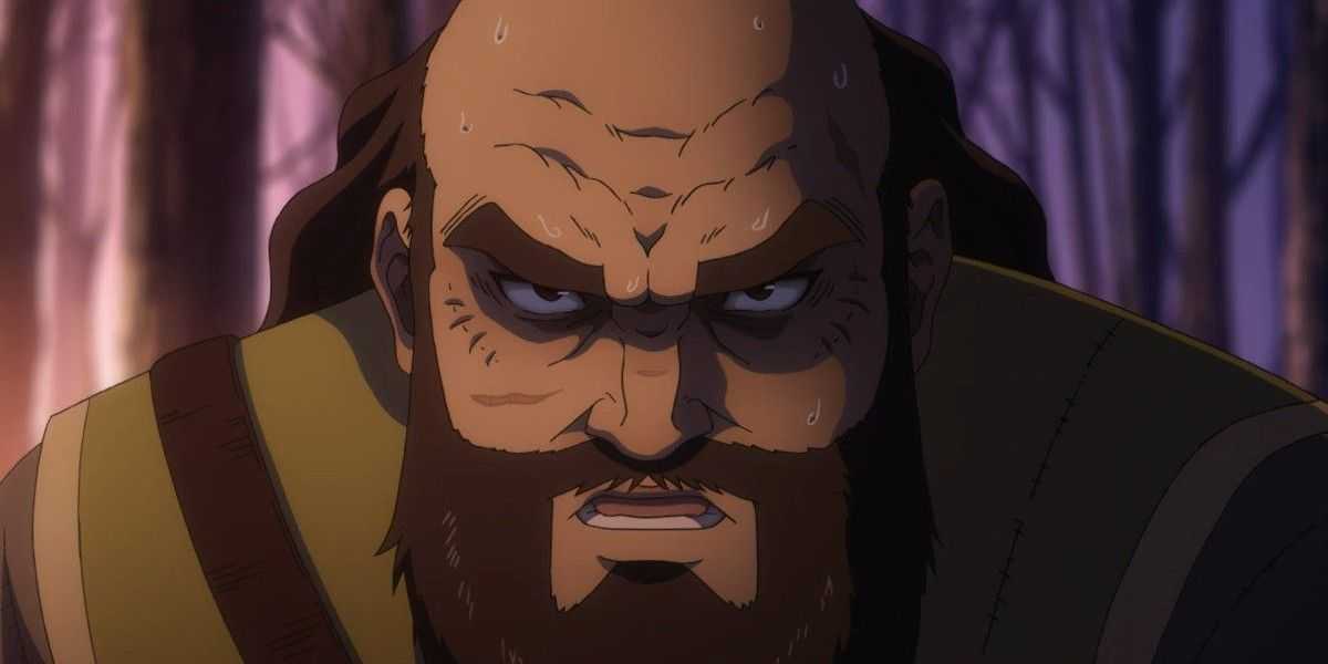 Ragnar nahnevaný s otvorenými ústami vo Vinland Saga.