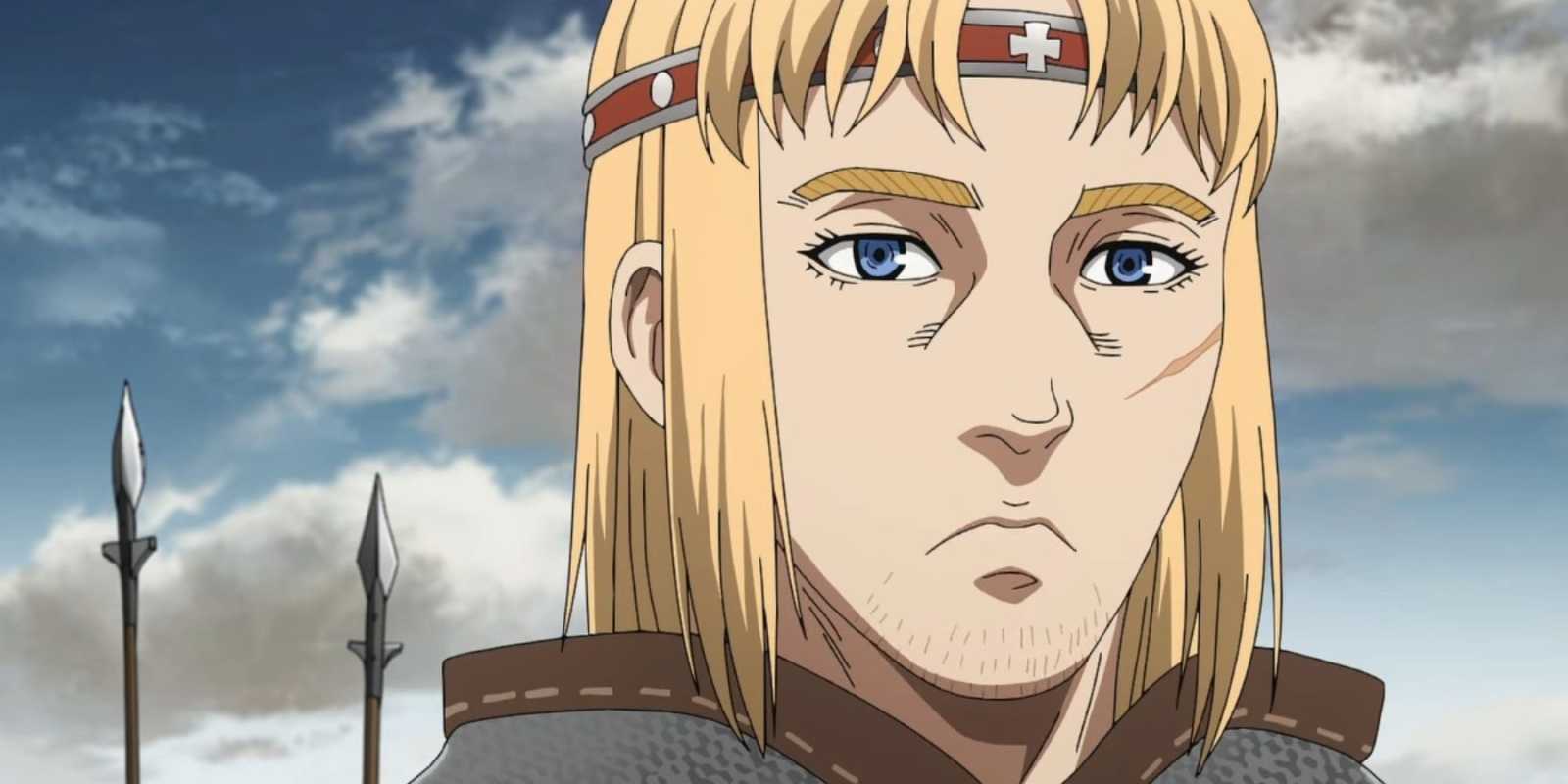 Canute s kopijami v pozadí vo Vinland Saga.