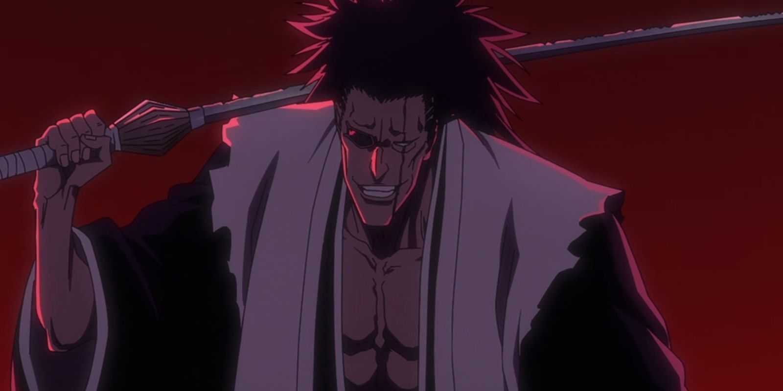 Kenpachi Zaraki s jeho zanpakuto v boji v Bleach anime.