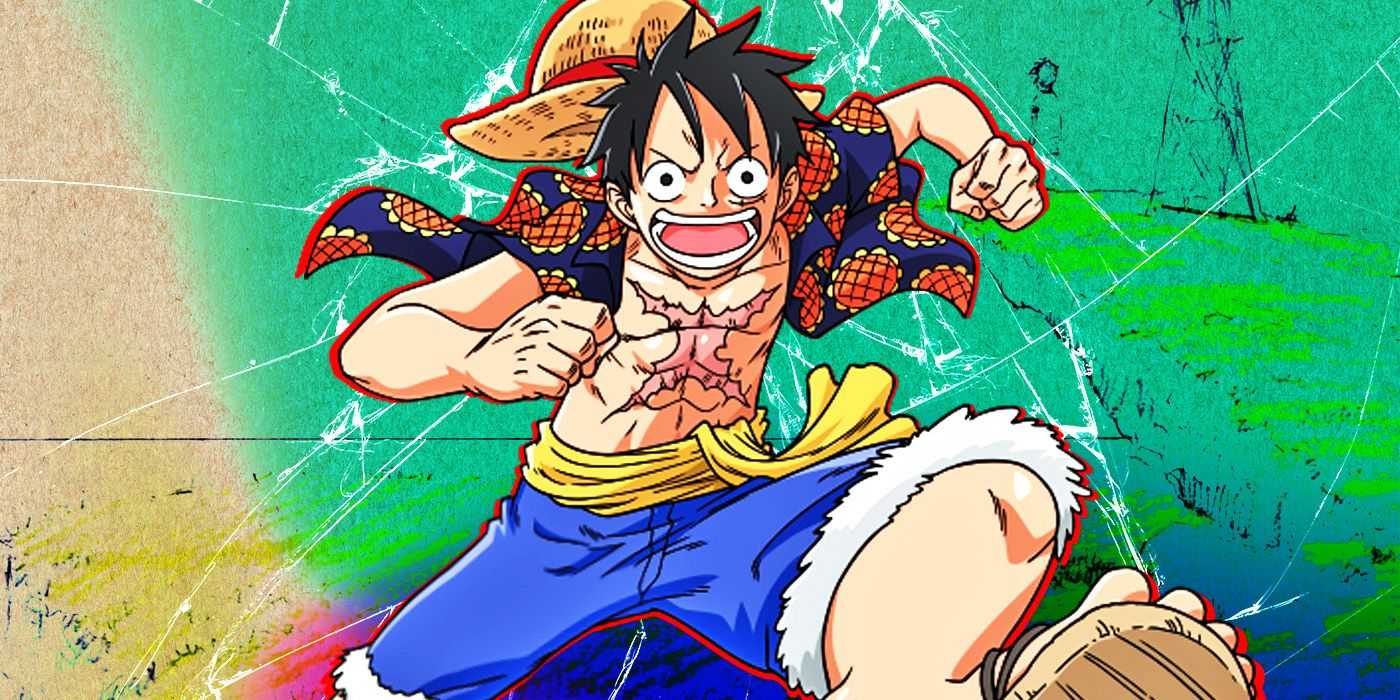 Луффи из One Piece бежит к зрителю с эффектом треснувшего стекла позади него