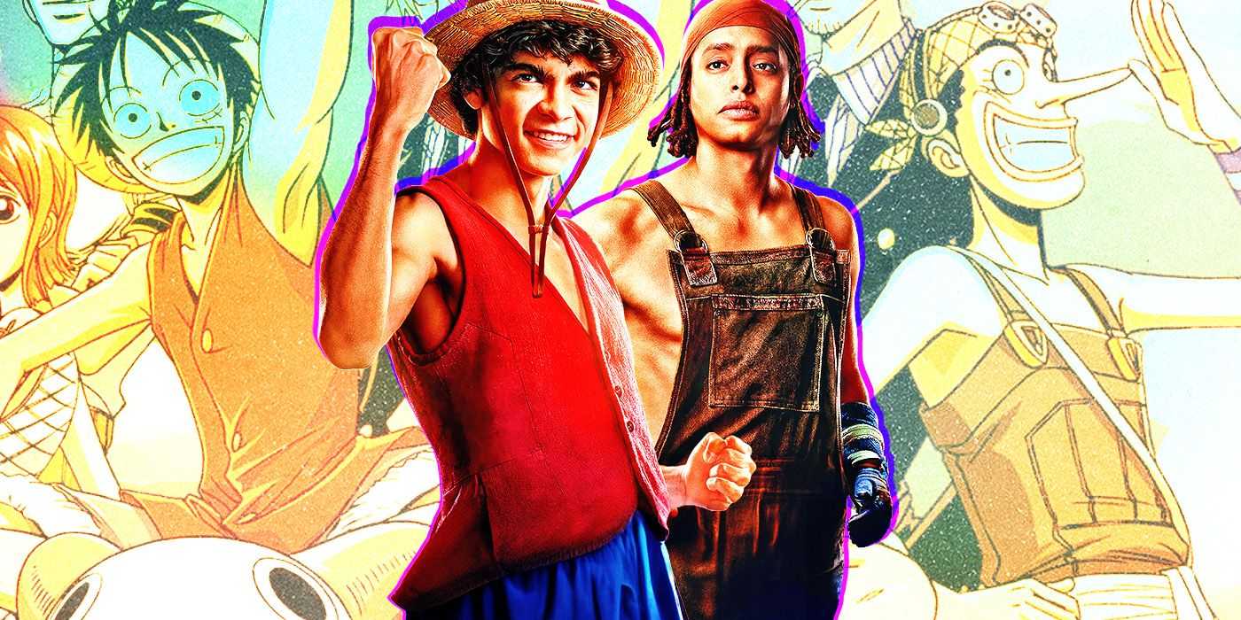 Луффи и Усопп из сериала Netflix One Piece позируют со своими аниме-версиями.