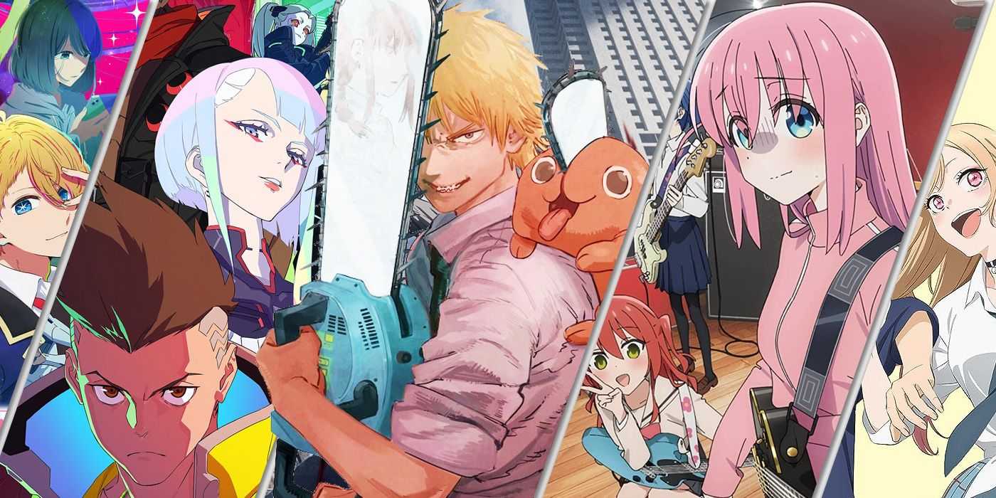 Split Images of Chainsawman, Oshi no ko, Bocchi The Rock, My Dress up Darling a Cyberpunk Edgerunners