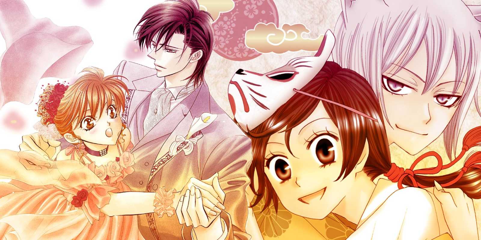 Un collage de personajes de manga románticos bailando juntos.