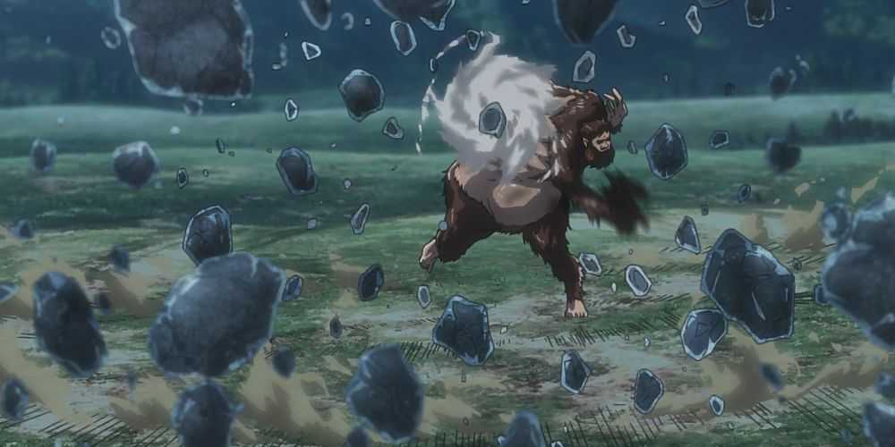 Der Beast Titan feuert in Attack On Titan Projektile auf das Aufklärungstrupp ab.