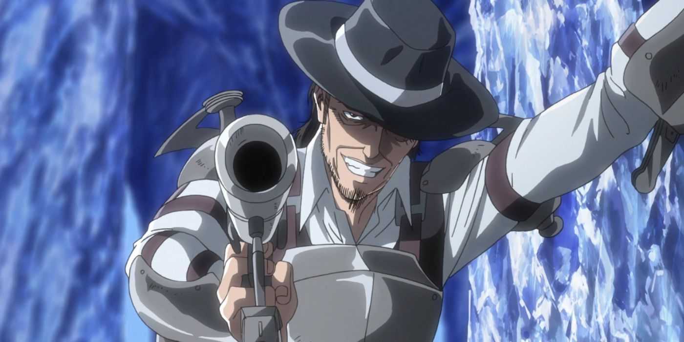 Kenny Ackerman richtet seine Waffe auf den Betrachter und grinst in Attack On Titan.