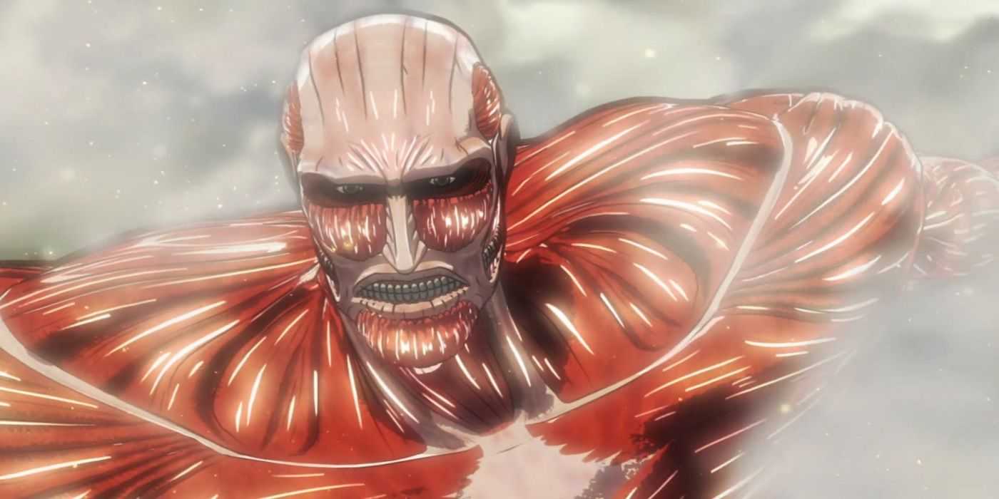 Bertholdt als kolossaler Titan mit Rauch um ihn herum aus Attack On Titan.