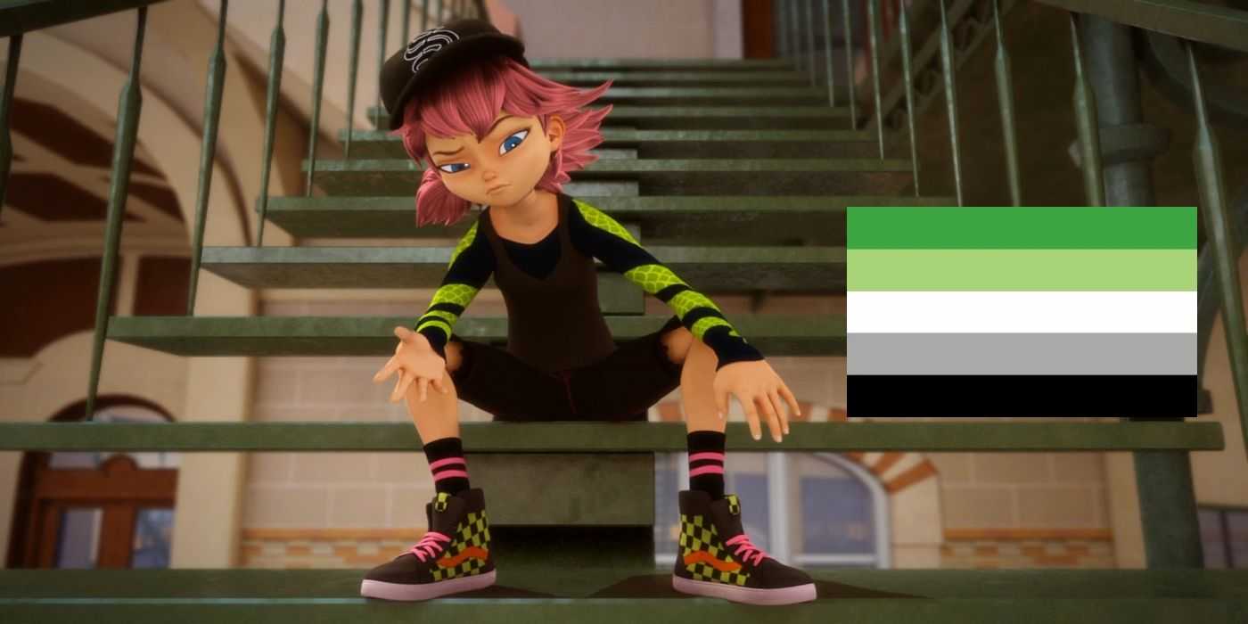 Alix Kubdel sediaci na schodoch v Miraculous Ladybug s aromatickou vlajkou