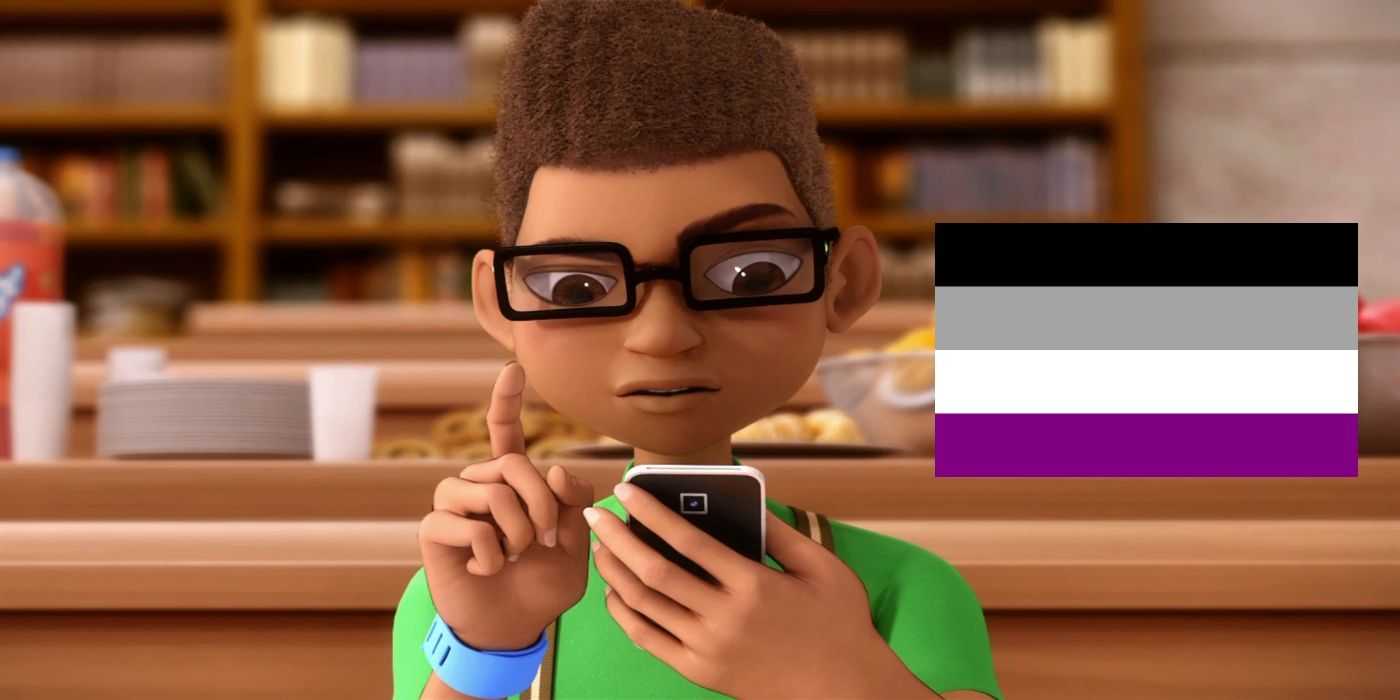 Max Kanté pomocou telefónu na Miraculous Ladybug s asexuálnou vlajkou