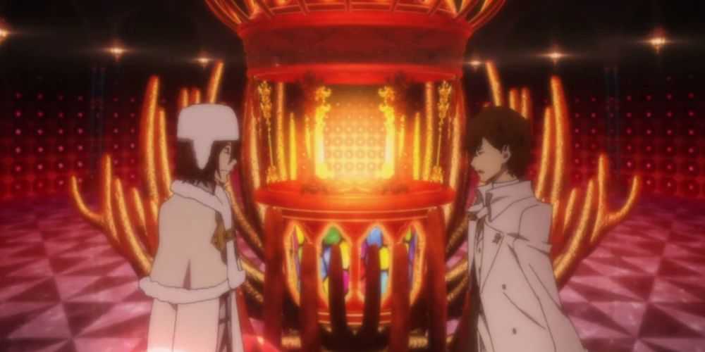 Fyodor a Dazai sa rozprávajú v tajnej miestnosti počas Bungou Stray Dogs
