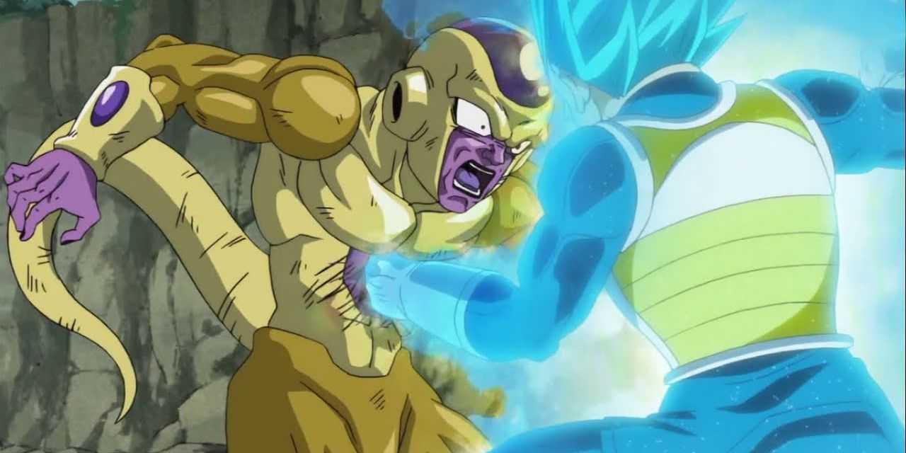 ドラゴンボール超で超サイヤ人ブルーベジータがゴールデンフリーザを殴る